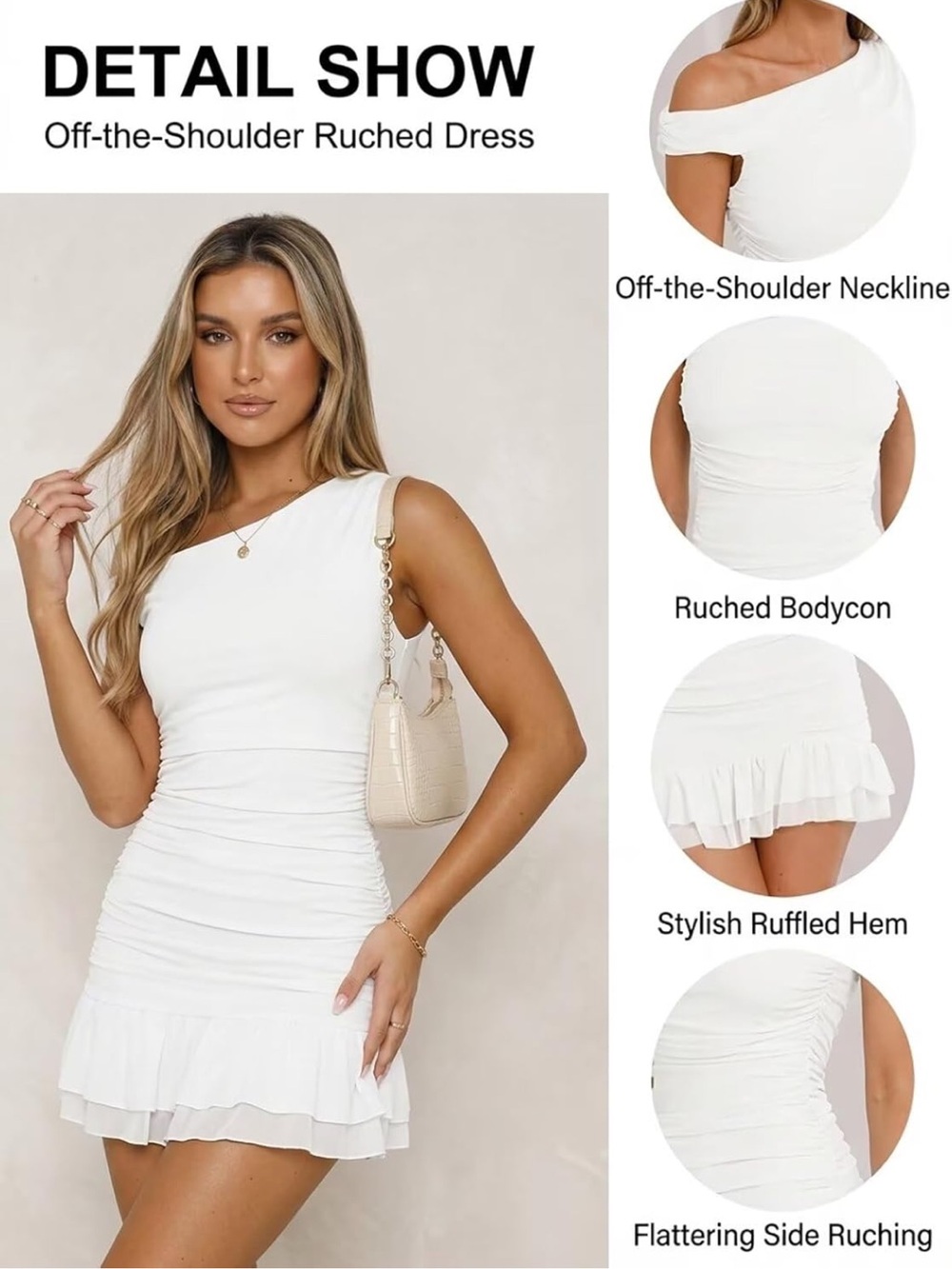 NWOT Off-the-Shoulder Ruched White Bodycon Dress